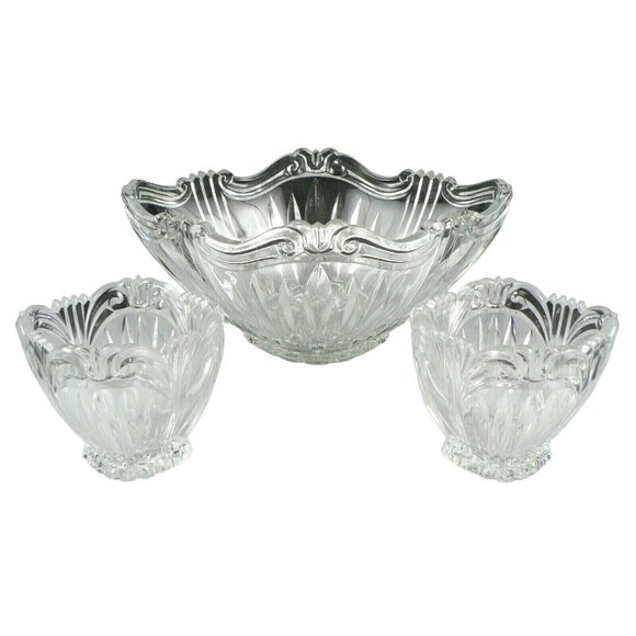 Crystal Bowls Serving Condiment Chip & Dip Oval  3 pc set Scrolled Design - Picture 1 of 12